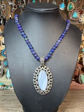 Carolyn Pollack Blue Beaded Agate Pendant Necklace
